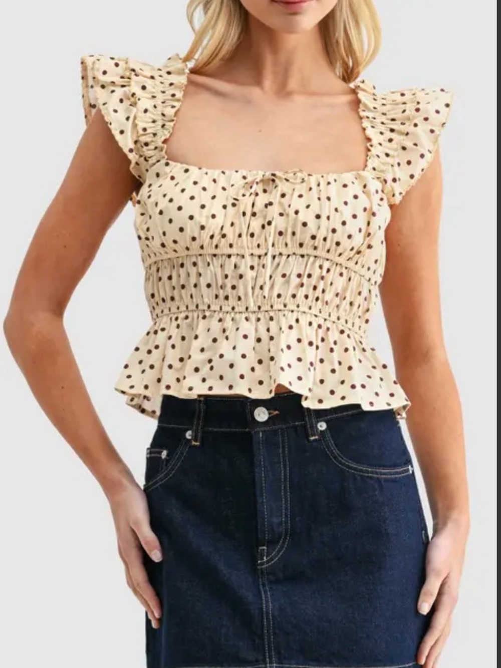 All in Favor Polka Dot Ruffle Smocked Crop Top
